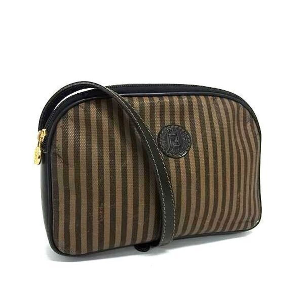 FENDI Pecan Canvas Leather Crossbody Shoulder Bag Brown